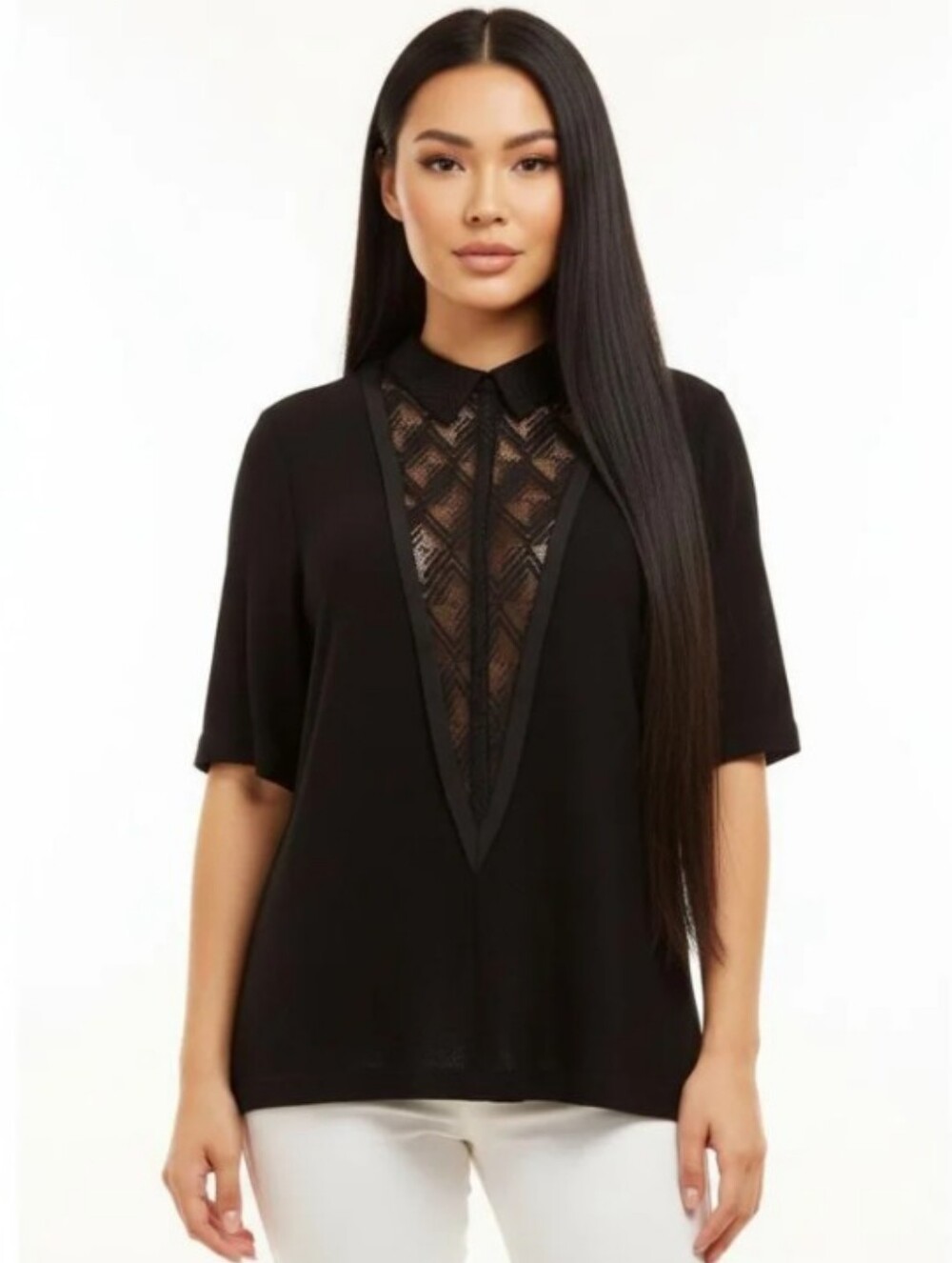 ALC Black Short-Sleeve Lace-Trim Shirt - Picture 1 of 6